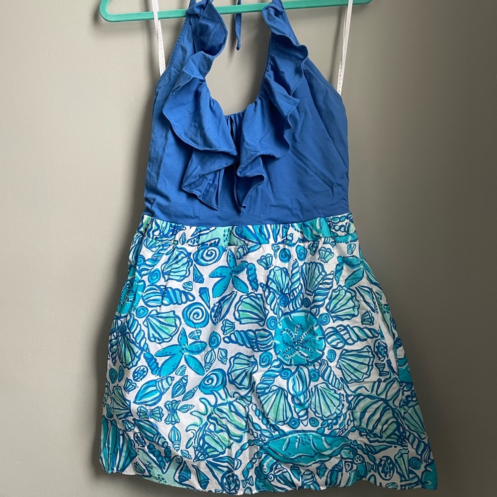 Lilly Pulitzer Blue Halter Mini Dress with Aqua Floral Print